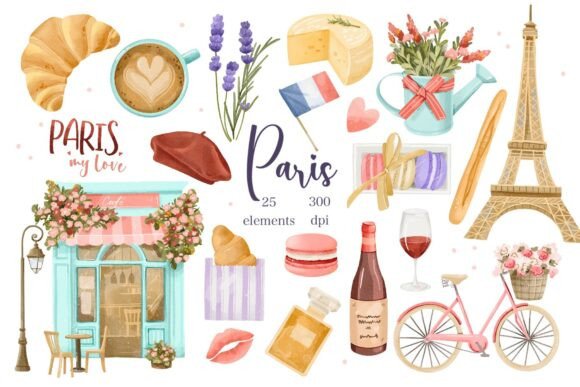 Download Watercolor Paris Love Clipart Set - Set Collection