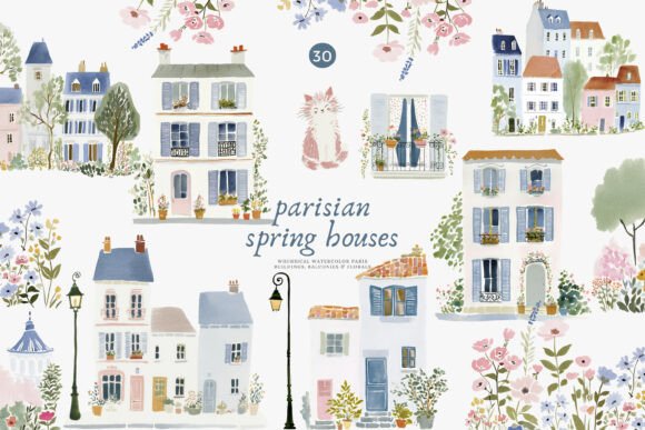 Download Parisian Spring Houses Watercolor Set - Set Collection