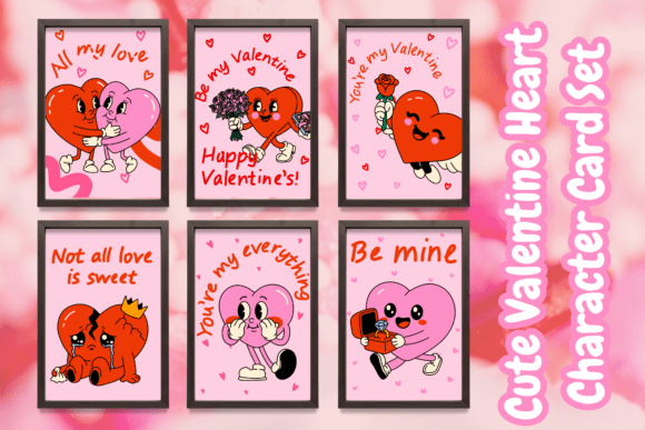 Download Cute Valentine Heart Character Card Set - Set Collection