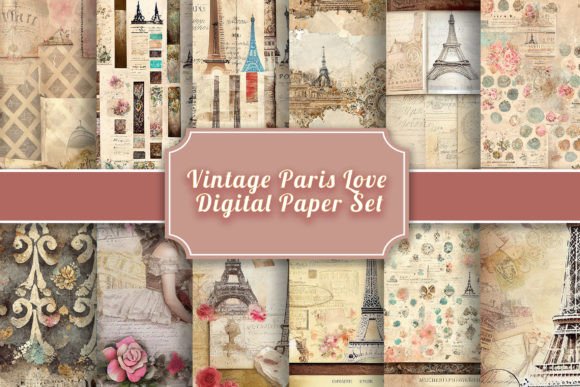 Download Vintage Paris Love Digital Paper Set - Set Collection